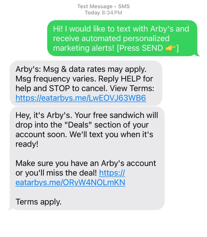 FREE Sandwich from Arby’s After Signing Up for Text Alerts