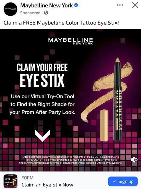 Possible Free Maybelline Eye Shadow Stix Sample