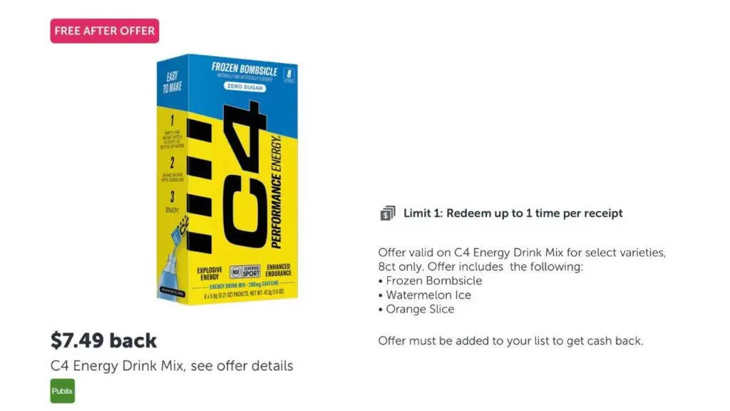 Get a FREE C4 Energy Drink Mix at Publix with Ibotta!