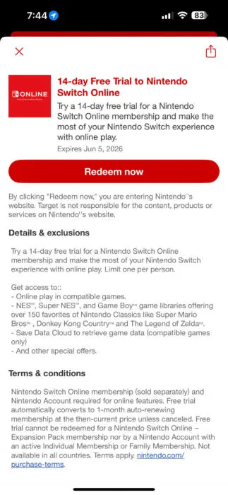 Try Nintendo Switch Online FREE for 14 Days from Target