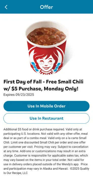 FREE Small Chili at Wendy's with $5 In-App Purchase (Today Only!)