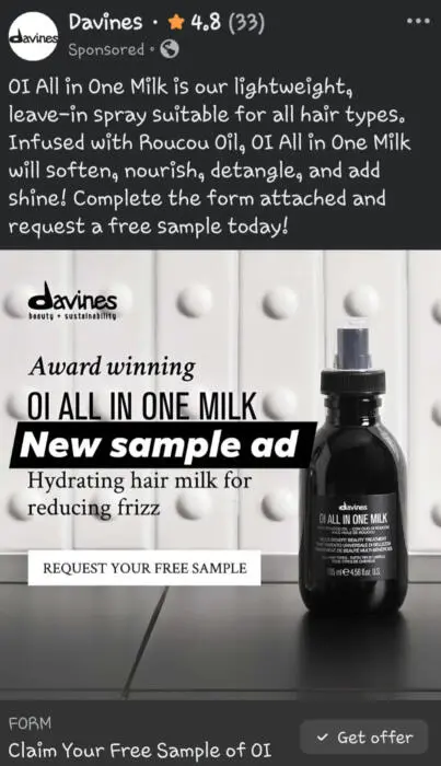 Possible Free Davines OI All in One Milk Leave-In Spray Sample