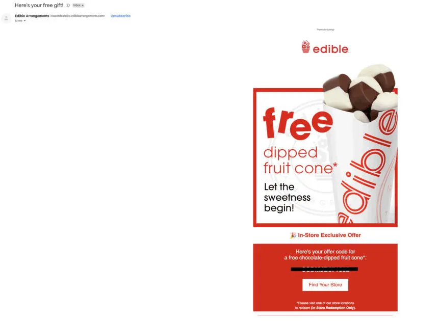 Free Chocolate Dipped Fruit Cone from Edible Arrangements October 30, 2025 Free Chocolate Dipped Fruit Cone from Edible Arrangements