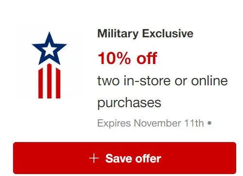 Target Military Discount for Veterans & Families – 10% Off TWO Purchases October 25, 2025 Target Military Discount for Veterans & Families – 10% Off TWO Purchases