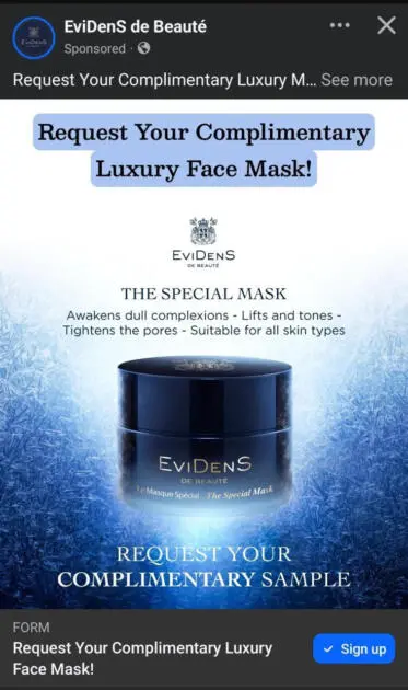 Possible Free EviDens de Beaute Luxury Face Mask Sample
