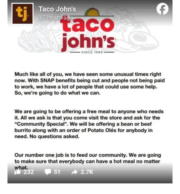 Starting Today Taco John’s offering free meals to those impacted by SNAP