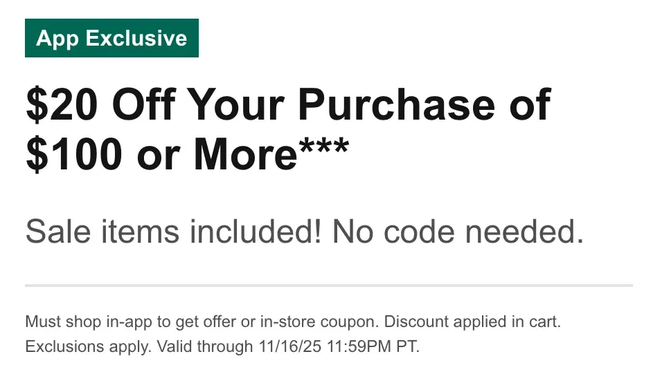 $20 Off $100+ at DICK’S Sporting Goods (ends 11/16/25)