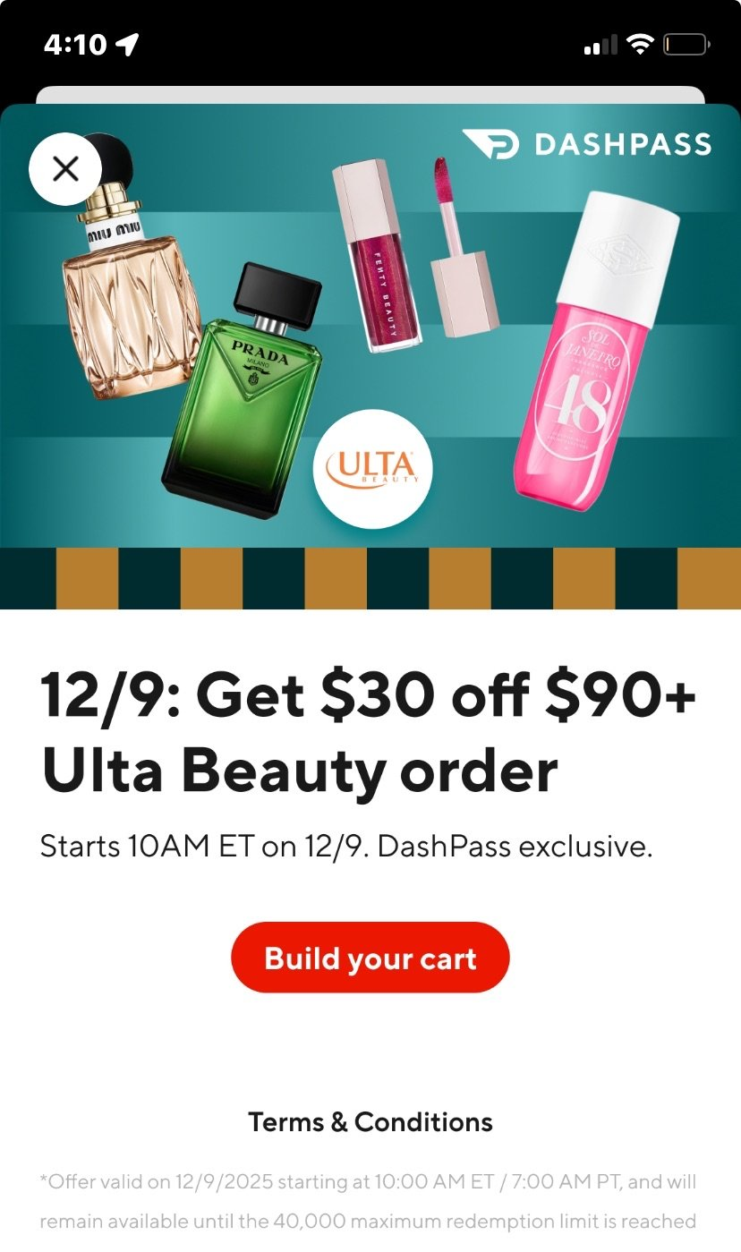 ULTA Delivery via DoorDash $30 Off $90 Order