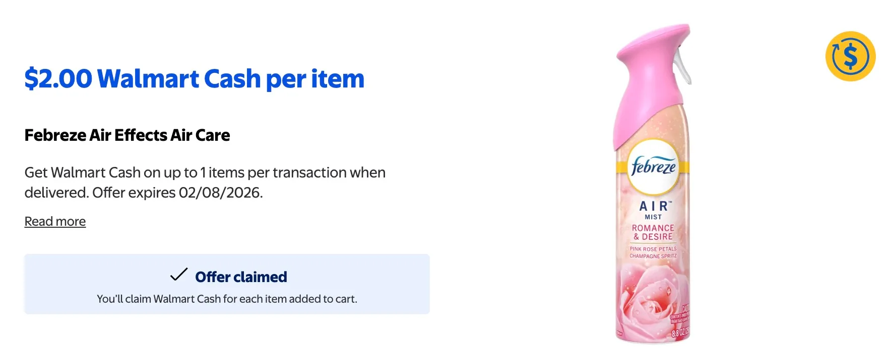 Febreze Air Spray at Walmart for $0.98 (reg $2.98) after cash back