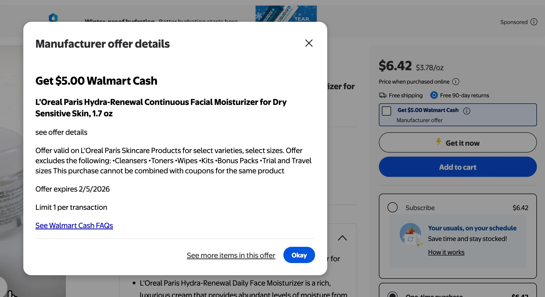 L’Oreal Facial Moisturizer at Walmart for $1.42 (reg $6.42)