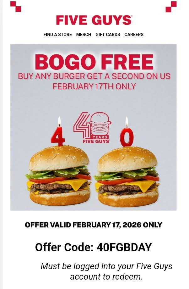 BOGO Free Burger at Five Guys (Today Only)