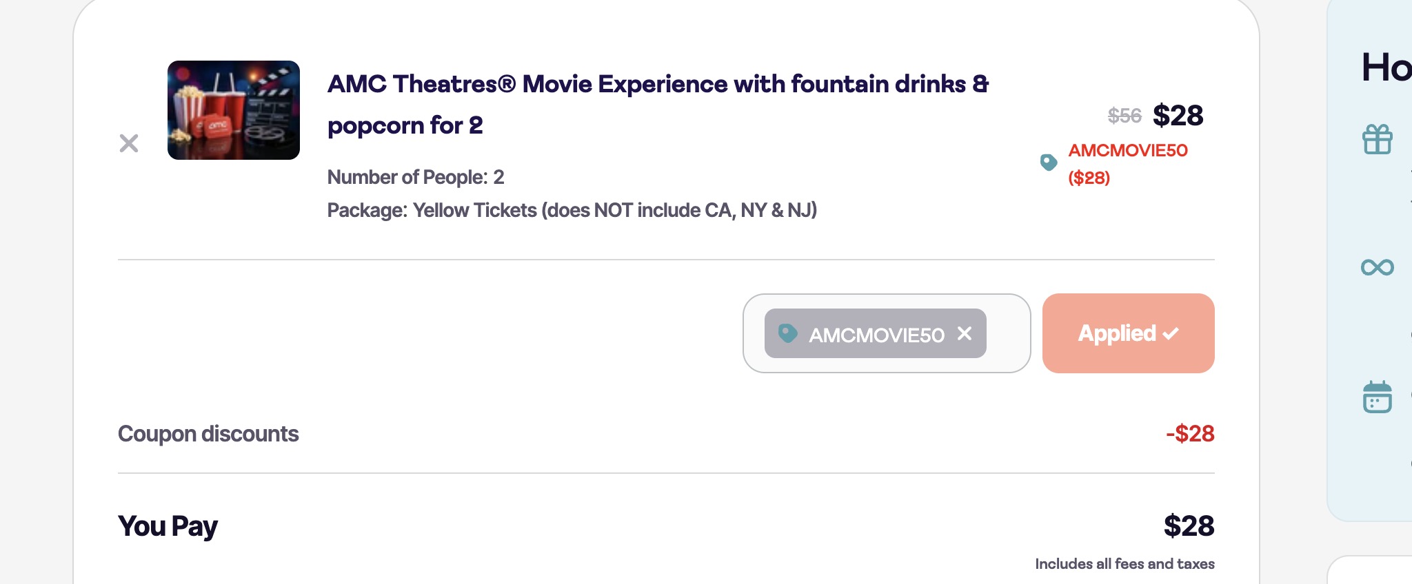 AMC Movie Bundle 2 Tickets Popcorn Drinks for $28 (reg $56)