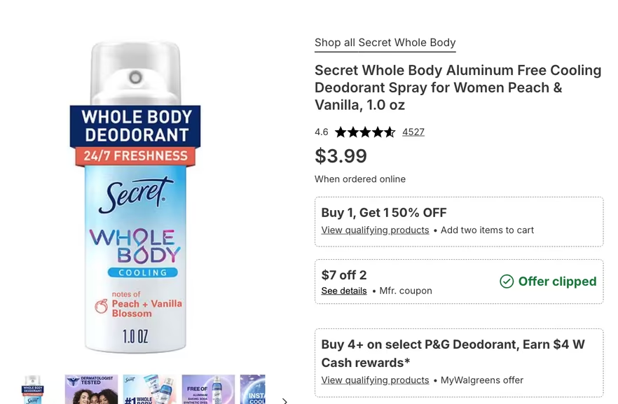 Free 2 Secret Whole Body Cooling Deodorant Spray at Walgreens + Free Pick-Up