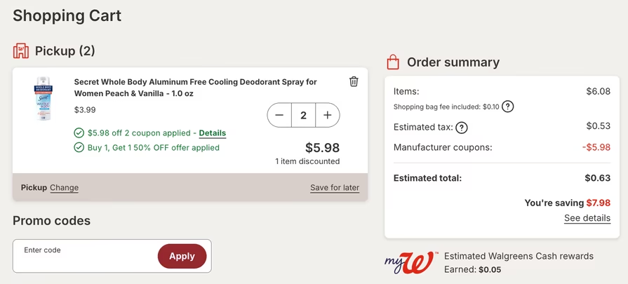 Free 2 Secret Whole Body Cooling Deodorant Spray at Walgreens + Free Pick-Up