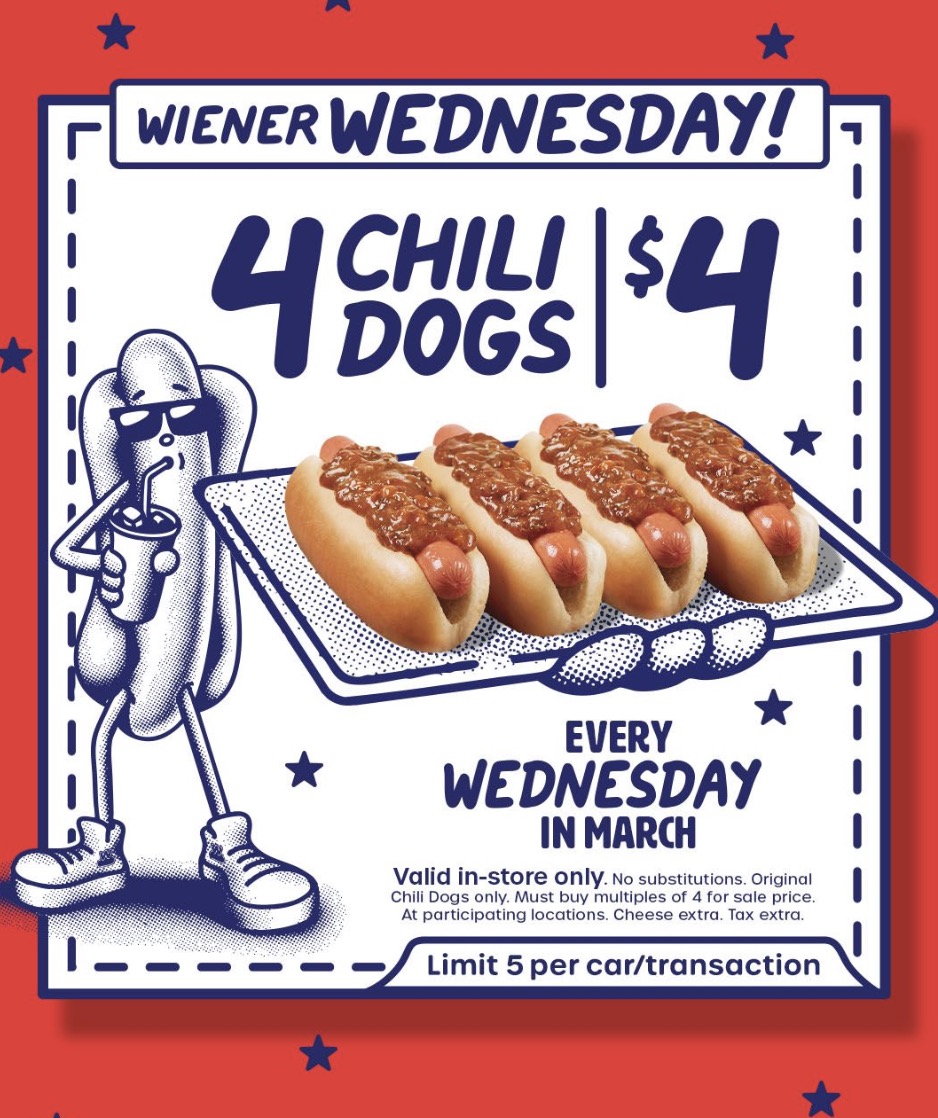Wienerschnitzel 4 Chili Dogs for $4 for all of march